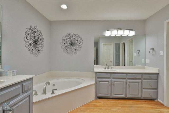 bathroom featuring a bath, vanity, and hardwood / wood-style floors