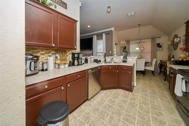 kitchen featuring backsplash, vaulted ceiling, sink, pendant lighting, and dishwasher