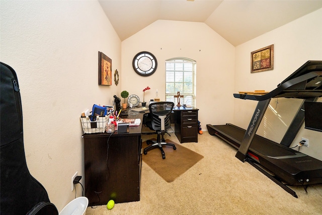 office with light carpet and vaulted ceiling