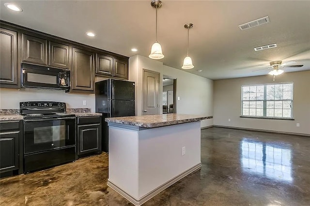 kitchen featuring black appliances, a center island, ceiling fan, dark brown cabinetry, and decorative light fixtures