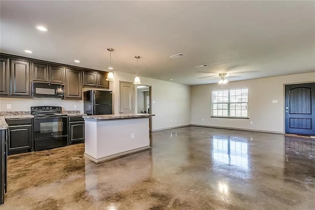 kitchen with pendant lighting, black appliances, a kitchen island, ceiling fan, and dark brown cabinets