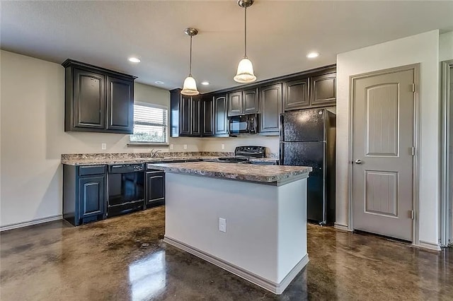 kitchen with black appliances, pendant lighting, a center island, and sink