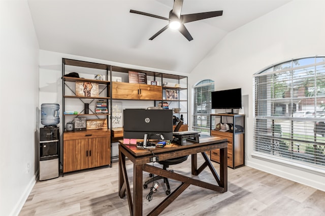 office area with ceiling fan, lofted ceiling, and light hardwood / wood-style flooring