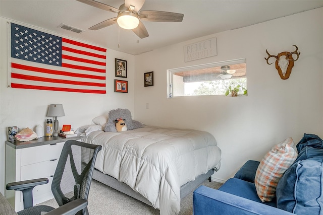 bedroom featuring carpet floors and ceiling fan