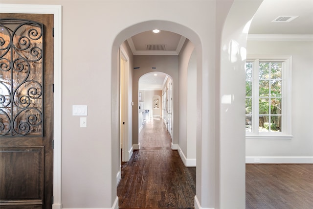 hall featuring dark wood-type flooring and ornamental molding