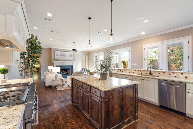 kitchen featuring sink, appliances with stainless steel finishes, dark brown cabinets, crown molding, and dark wood-type flooring