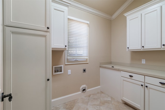 clothes washing area featuring cabinets, ornamental molding, washer hookup, light tile patterned floors, and hookup for an electric dryer