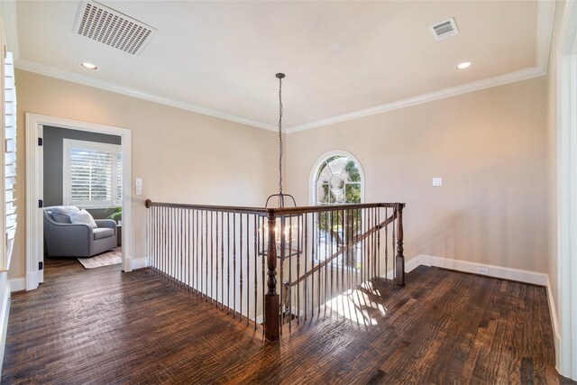 hall featuring dark hardwood / wood-style flooring, a healthy amount of sunlight, and crown molding