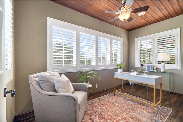 office featuring dark hardwood / wood-style flooring, wood ceiling, ceiling fan, and plenty of natural light