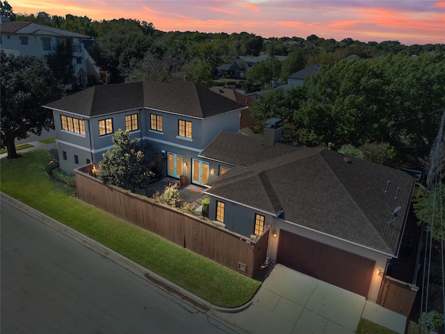 view of aerial view at dusk