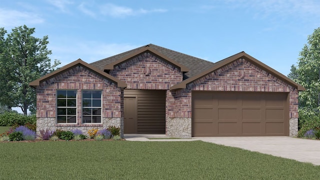 view of front of property with a front yard and a garage