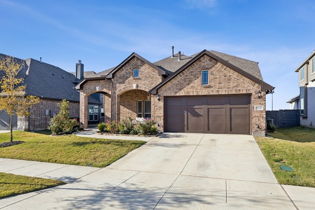 view of front of home with a garage and a front lawn