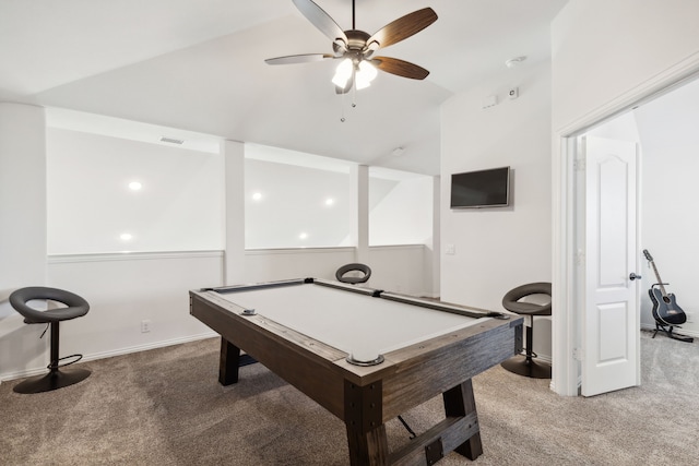 rec room featuring ceiling fan, light carpet, pool table, and vaulted ceiling