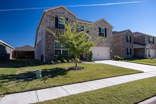 view of front of property with a front lawn, a garage, and cooling unit