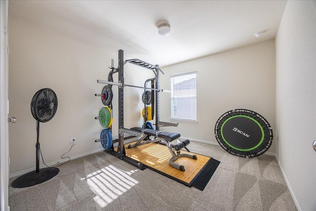 exercise area featuring carpet and baseboards