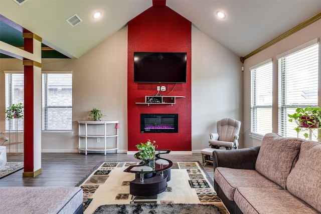 living room featuring lofted ceiling, dark hardwood / wood-style floors, and a fireplace