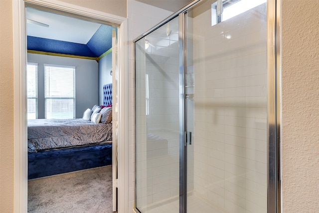 613 Hazeltine Rd, Red Oak, TX 75154 - bathroom featuring connected bathroom, plenty of natural light, a shower stall, and a textured wall