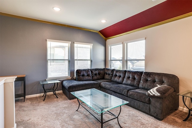 613 Hazeltine Rd, Red Oak, TX 75154 - carpeted living room featuring lofted ceiling, crown molding, and recessed lighting