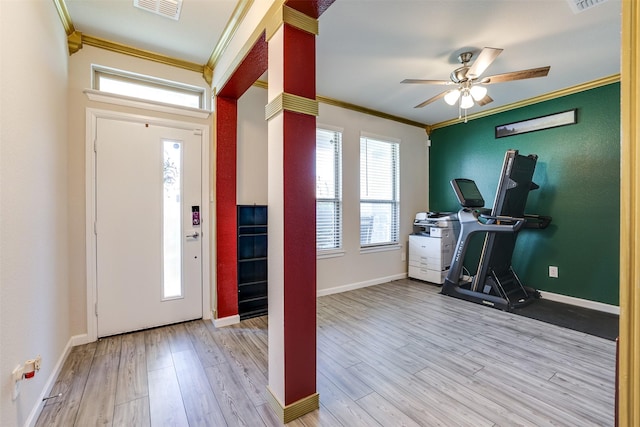 613 Hazeltine Rd, Red Oak, TX 75154 - foyer entrance with crown molding, a ceiling fan, and light wood-style flooring