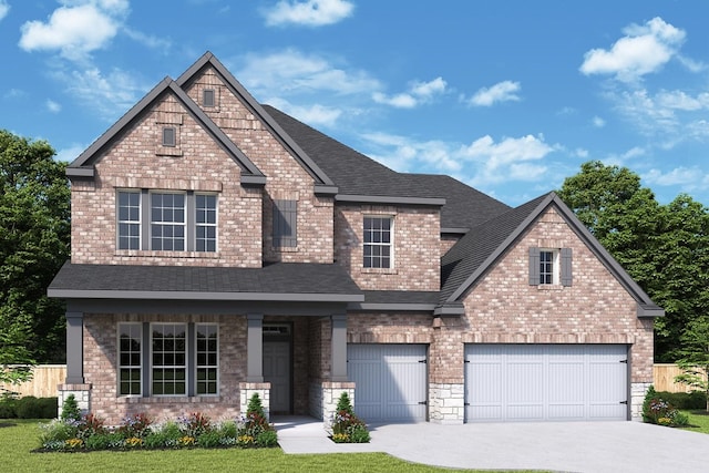 craftsman inspired home featuring a garage and a front yard