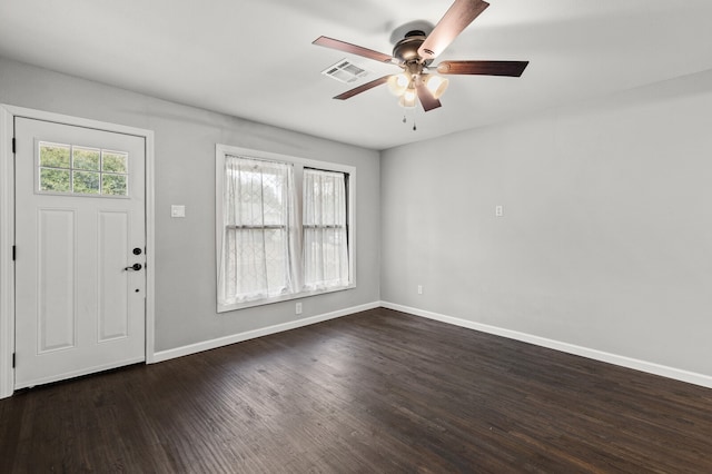 foyer featuring ceiling fan and dark hardwood / wood-style flooring