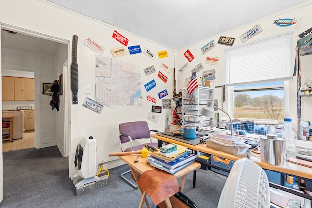 office area featuring heating unit and carpet floors