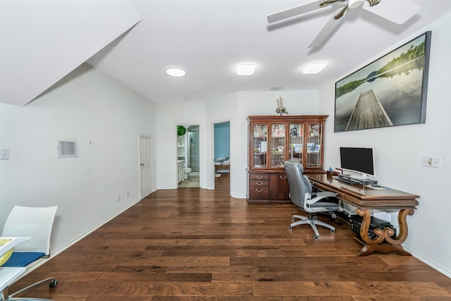 office area featuring ceiling fan and dark hardwood / wood-style flooring