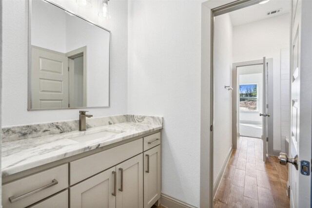 bathroom with vanity and hardwood / wood-style floors