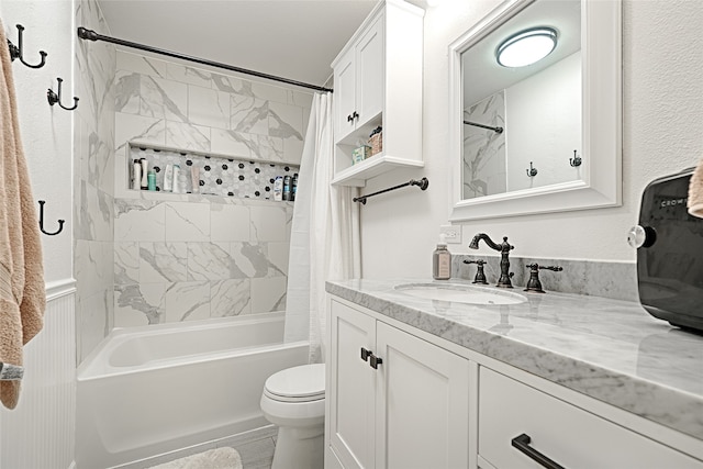 full bathroom with vanity, toilet, and shower / bathtub combination with curtain