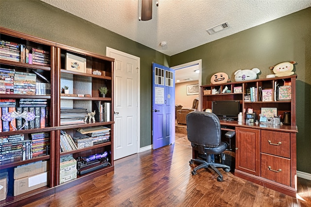 home office featuring a textured ceiling, ceiling fan, and dark wood-type flooring