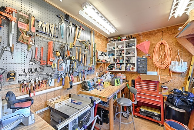 interior space with a workshop area and wood-type flooring