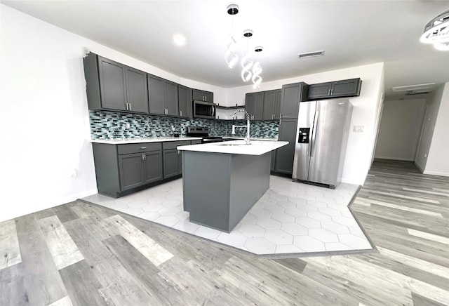 kitchen featuring stainless steel appliances, light hardwood / wood-style floors, decorative backsplash, hanging light fixtures, and a kitchen island with sink