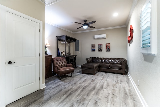 living room featuring a wall unit AC, crown molding, ceiling fan, and wood-type flooring