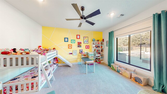 bedroom featuring carpet floors and ceiling fan