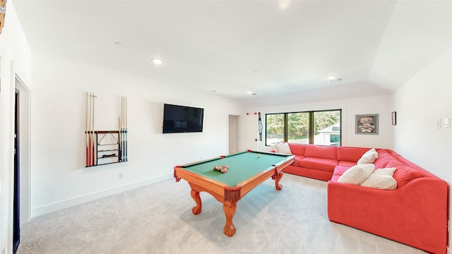 rec room with light colored carpet, vaulted ceiling, and pool table