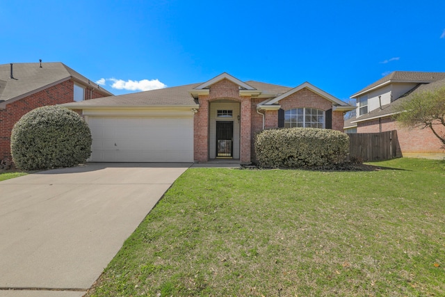 ranch-style home with a garage and a front lawn