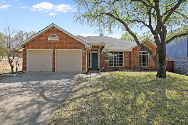 ranch-style home featuring a front lawn and a garage