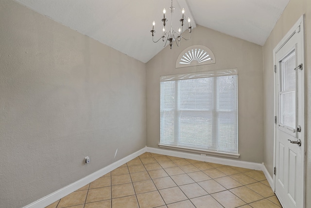 unfurnished dining area featuring a chandelier, vaulted ceiling, and light tile patterned flooring