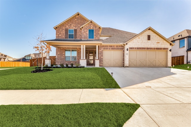 craftsman inspired home featuring a garage, a porch, and a front yard