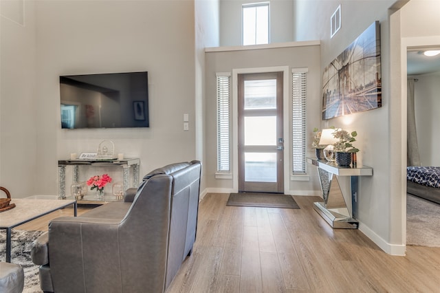 entrance foyer with a towering ceiling, light hardwood / wood-style flooring, and a healthy amount of sunlight