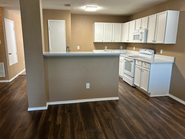 kitchen featuring kitchen peninsula, white appliances, white cabinetry, and dark hardwood / wood-style flooring