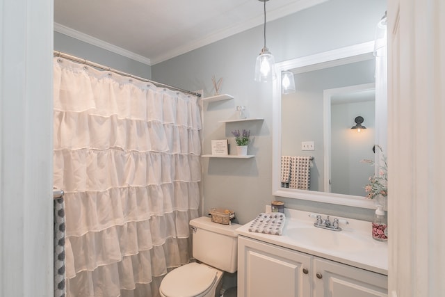 bathroom featuring toilet, vanity, curtained shower, and crown molding