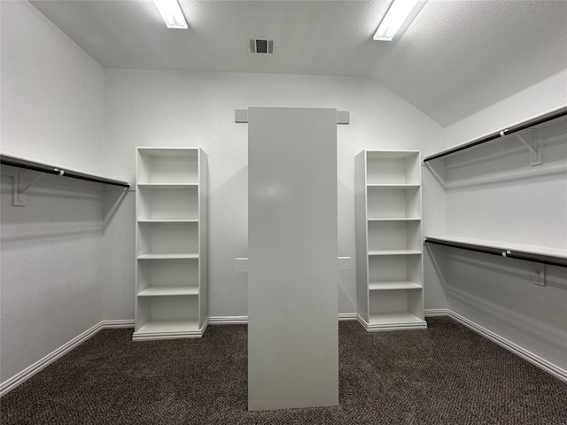 walk in closet with dark colored carpet and vaulted ceiling