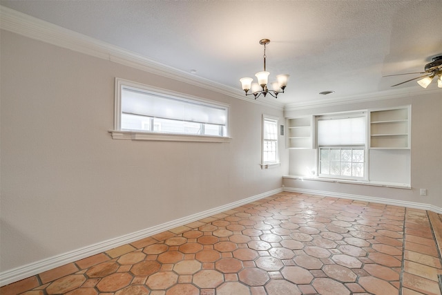 unfurnished room with ceiling fan with notable chandelier, ornamental molding, built in features, and a textured ceiling