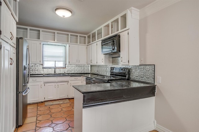 kitchen with black appliances, white cabinetry, sink, decorative backsplash, and kitchen peninsula