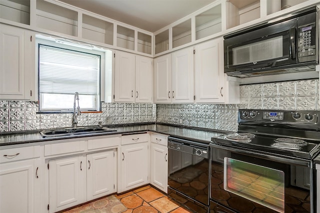 kitchen with sink, decorative backsplash, black appliances, and white cabinets