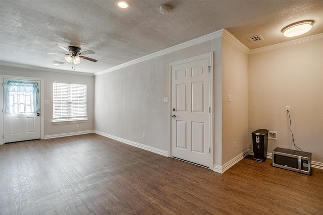 entrance foyer with dark hardwood / wood-style flooring, crown molding, a textured ceiling, and ceiling fan