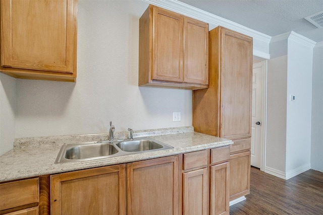 2309 Honeysuckle Ave, Fort Worth, TX 76111 - kitchen with a sink, dark wood finished floors, light countertops, ornamental molding, and baseboards