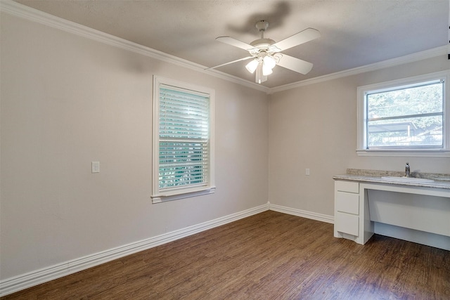2309 Honeysuckle Ave, Fort Worth, TX 76111 - unfurnished office with dark wood-style flooring, baseboards, ornamental molding, a sink, and a ceiling fan