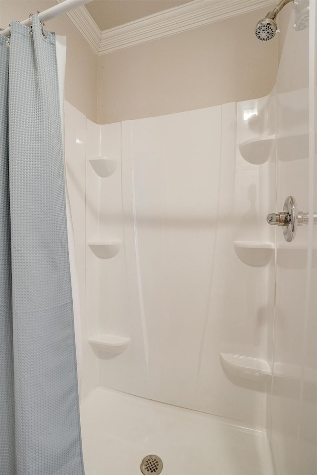 bathroom featuring ornamental molding and walk in shower